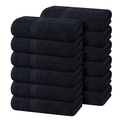 Hand Towel Set of 12-100% Cotton Ultra Soft Highly Absorbent Washable Reusable 600 GSM Lighter Weight, Quick Dry Towels for Bathroom Gym Kitchen Hotel Spa - 16x27 Inch Hand Towels Black - color: Black, size: Pack of 12