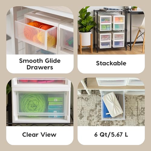 IRIS USA 4-Pack, 6 Qt. Small Stacking Drawer Storage Organizer, White | Organize craft supplies, accessories, office items, and small essentials around your home with separate storage spaces