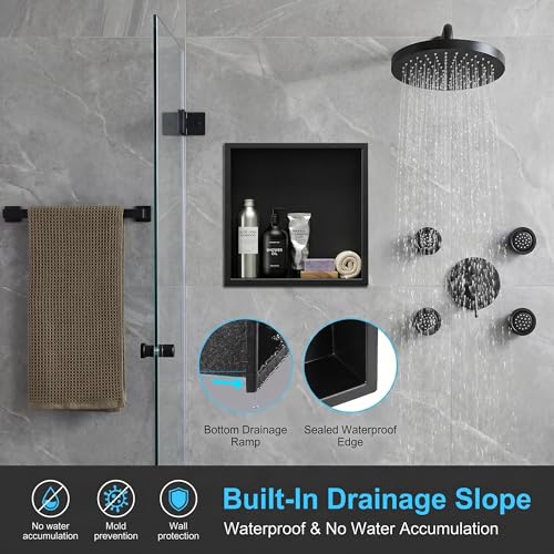 304 Stainless Steel Shower Niche 12” x 12” for Bathroom Storage | Waterproof Matte Black Recessed Shower Niche No Tile Needed with 2-Tier Shelves - size: 12 x 12 inch