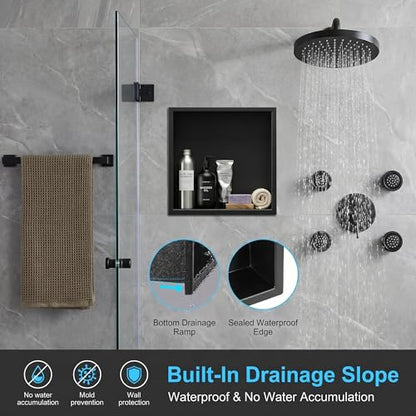 304 Stainless Steel Shower Niche 12” x 12” for Bathroom Storage | Waterproof Matte Black Recessed Shower Niche No Tile Needed with 2-Tier Shelves - size: 12 x 12 inch