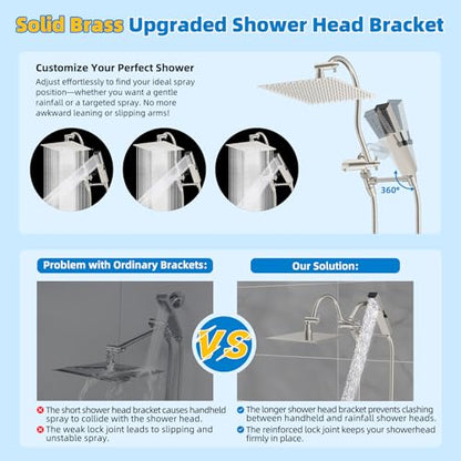 Hibbent All Metal cUPC Certified Shower Head, 12'' High Pressure Rainfall Showerhead Combo, Handheld Shower Wand, 12'' Adjustable Extension Arm, 4-Spray, 71'' Hose, Shower Holder, Brushed Nickel - color: Brushed Nickel, style: Square 12''