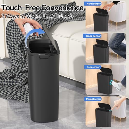 FRESHLIX 5 Gallon Bathroom Automatic Trash Can with Lid, Motion Sensor Touchless Trash Bin,Smart Electric Slim Waterproof Garbage Bin for Toilet, Office, Kitchen, Bedroom, Living Room (Black) - color: Black