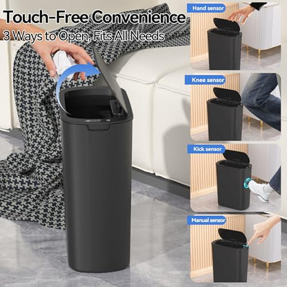 FRESHLIX 5 Gallon Bathroom Automatic Trash Can with Lid, Motion Sensor Touchless Trash Bin,Smart Electric Slim Waterproof Garbage Bin for Toilet, Office, Kitchen, Bedroom, Living Room (Black) - color: Black