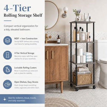 4-Tier 38.2" Tall Oak Grey Bathroom Shelving Unit with Wheels | Wood Finish, Metal Frame, Rolling Narrow Open Shelf Design, for Laundry Room, Kitchen, Living Spaces, Easy to Move - color: Oak Grey, size: 4-Tier
