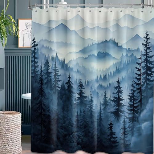 Navy Blue Forest Shower Curtain, 72x72 in, Mountain Rustic Pine Tree | Nature Theme, Mens Cabin Pattern Design, Cool Woodland Outdoor Bathroom Decor, Waterproof Polyester Fabric, with Hooks - color: Blue, size: 70"W x 72"L (Pack of 1)