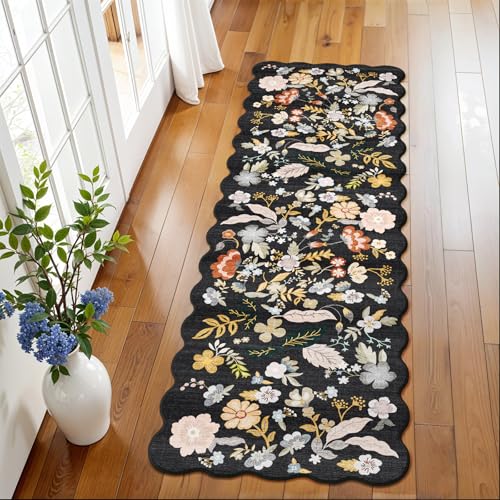 2x6 Scalloped Hallway Runner Rug: Non-Slip Washable Floral Area Rug Black | Boho Stain Resistant Carpet Runner for Kitchen Entryway Bedroom Bathroom – Soft Low-Pile Thin Floor Mat with Rubber Backing - color: Black, size: 2' x 6' (Runner)