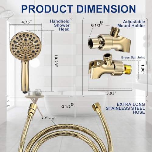 High Pressure 10 Setting Handheld Shower Head, 5" Detachable Showerhead Spray Built-in Power Wash to Clean Tub, Tile & Pets, 79" Extra Long Stainless Steel Hose, Adjustable Bracket - Gold - color: Zirconium Gold