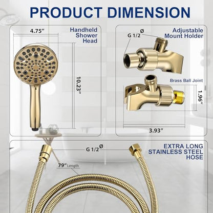 High Pressure 10 Setting Handheld Shower Head, 5" Detachable Showerhead Spray Built-in Power Wash to Clean Tub, Tile & Pets, 79" Extra Long Stainless Steel Hose, Adjustable Bracket - Gold - color: Zirconium Gold