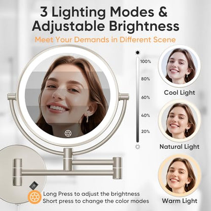 FUNTOUCH Plug in Wall Mounted Lighted Makeup Mirror 1X/30X Magnifying | AC Powered Double-Sided Magnification Bathroom Mirror with Lights,3Lighting Mode,Extended Arm 360 Rotation Light up Mirrors - color: Nickel
