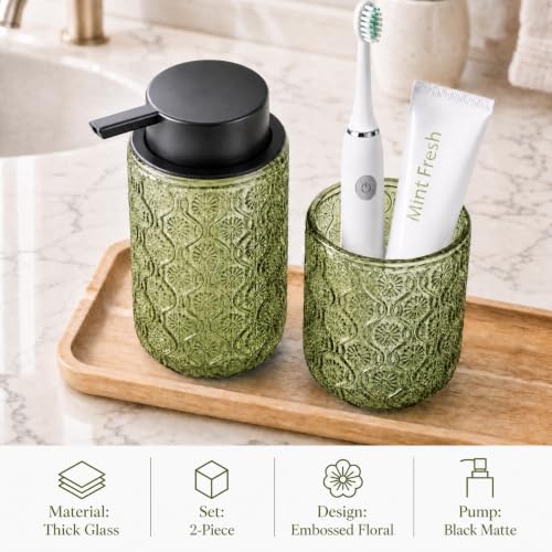 Bathroom soap Dispenser and Toothbrush Holder Set | Bathroom Accessories 2 pack cup and toothpaste holder green glass - color: Sage Green