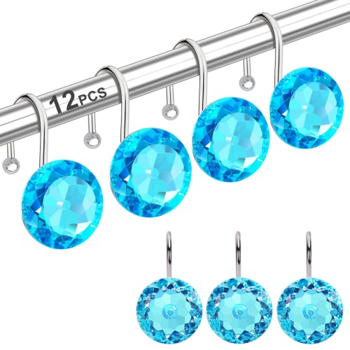 12PCS Stainless Steel Shower Curtain Hooks Rings for Bathroom, RustProof Metal Crystal Rhinestones Bling Shower Curtain Rings Hangers for Shower Curtains Decorative, Round Heavy Duty Hooks (Aqua Blue) - color: Aqua Blue, size: 12pcs