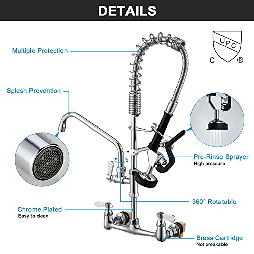 Commercial Sink Faucets with Sprayer 25 Inches Wall Mount Kitchen Faucet with Pull Down Pre-Rinse Sprayer and 10" Swivel Spout 8 Inch Center Compartment Sink Faucet - size: Wall 25 Inches