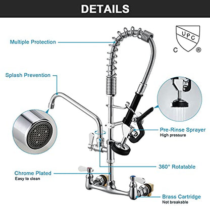 Commercial Sink Faucets with Sprayer 25 Inches Wall Mount Kitchen Faucet with Pull Down Pre-Rinse Sprayer and 10" Swivel Spout 8 Inch Center Compartment Sink Faucet - size: Wall 25 Inches