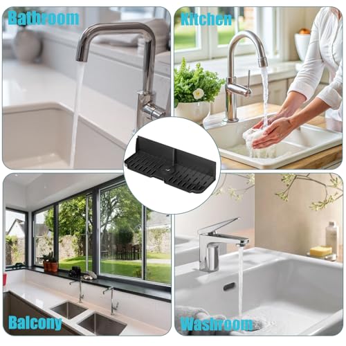 Sink Splash Guard Behind Faucet, 17" x 5.5" Silicone Faucet Drying Mat & Dish Sponge Holder, Fast Self-Draining Kitchen Sink Organizer with Adjustable Fit (Black) - color: Black