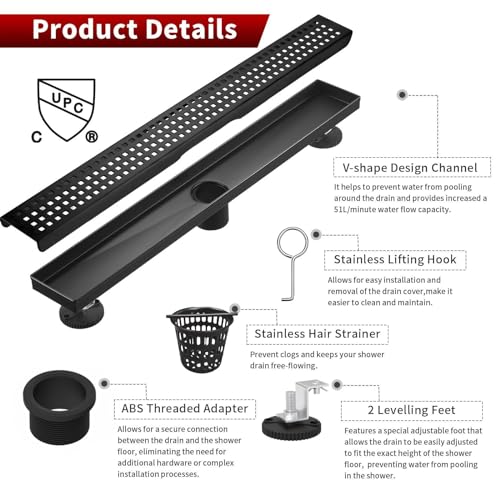 Sharp-tec Shower Drain, 28 inch Linear Shower Drain, Matte Black 304 Stainless Steel Rectangular Shower Floor Drain with Adjustable Leveling Feet, Hair Strainer, cUPC Certified, ST-112-28B - color: Matte Black, size: 28 inch