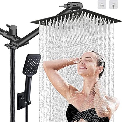 Shower Head Combo,8 Inch High Pressure Rain Shower Head with 9 Inch Adjustable Extension Arm and 3 Settings Handheld,Powerful Shower Spray Against Low Pressure Water with Long 78 Inch Hose(Black) - color: Black, size: 8'' Showerhead Set