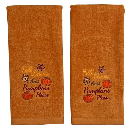 Autumn Harvest Fall Bathroom Guest Hand Embroidered Towels 2 Pc Set: Fall Leaves and Pumpkins Please Design Bath Plush Rust Orange Towels, 100% Cotton, 16" x 25" Inches, Oeko-TEX Certified - color: Fall Leaves Please