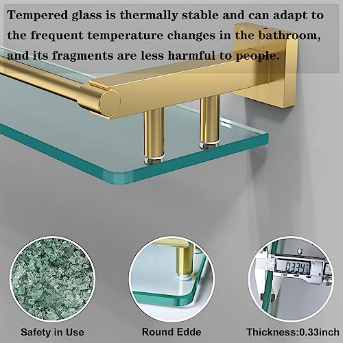 Glass Shelf for Bathroom, 20 Inch Tempered Glass with Brushed Gold Stainless Steel Railing, Floating Glass Shelves Sink Over Toilet Modern Bathroom - color: Brushed Gold, size: 20'' with Railing