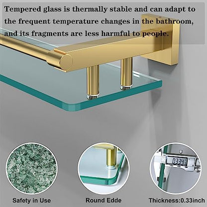 Glass Shelf for Bathroom, 20 Inch Tempered Glass with Brushed Gold Stainless Steel Railing, Floating Glass Shelves Sink Over Toilet Modern Bathroom - color: Brushed Gold, size: 20'' with Railing