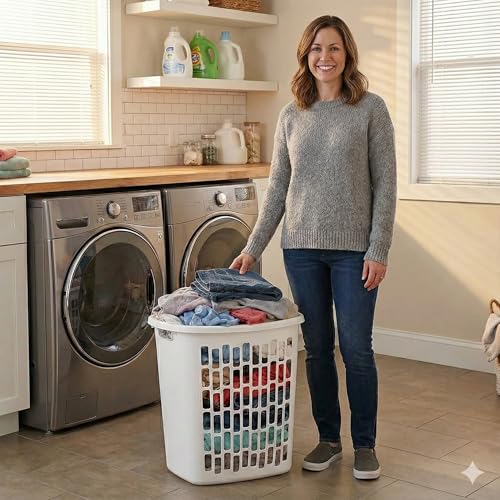 Bushel Laundry Hamper, Slim Rectangular Ventilated Plastic Clothes Basket, Heavy Duty Washing Bin With Reinforced Handles for Bathroom, Dorm, and Closet Organization, White, 1 Pack
