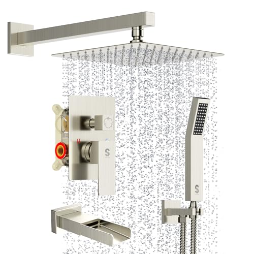 SR SUN RISE 10 Inch All Metal Square Shower System with Tub Spout, Tub Shower Faucet Set, High Pressure Rain Shower Head and Handheld Sprayer Shower Fixtues, Valve Included, Brushed Nickel - color: Brushed Nickel, size: 10 Inch