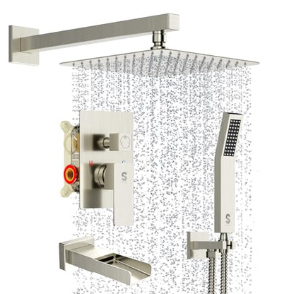 SR SUN RISE 10 Inch All Metal Square Shower System with Tub Spout, Tub Shower Faucet Set, High Pressure Rain Shower Head and Handheld Sprayer Shower Fixtues, Valve Included, Brushed Nickel - color: Brushed Nickel, size: 10 Inch