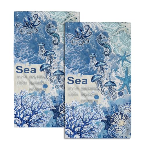 Giwawa Blue Sea World Hand Towel Set Abstract Watercolor Art Kitchen Towel for Home Bathroom - color: Sea World Blue, size: 28.3" x 14.4"(Pack of 2)