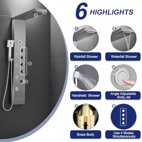 ROVATE 4-in-1 Rainfall Waterfall Shower Panel Tower System, Brushed Finish | Shower Column with Body Massage Jets and Handheld, Stainless Steel High Pressure, Use Multiple Functions Simultaneously - color: Brushed Finish