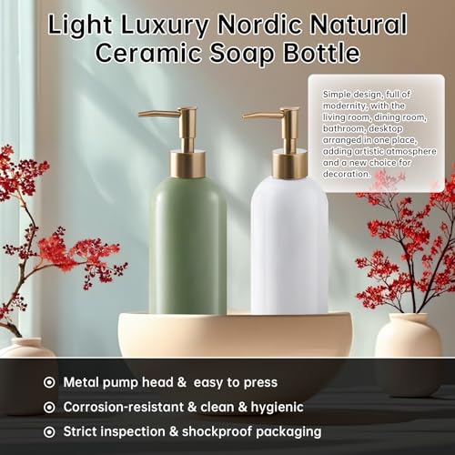 Refillable Soap Dispenser for Kitchen Sink,Small Gold Ceramic Lotion Pump Bottle for Bathroom Countertop Sink, Round Hand Soap Dispenser Bottle with Golden Stripe for Laundry Shower Liquid (Green) - color: Green