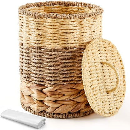 Ctosree 1.3 Gal Boho Wicker Trash Can with Lid, Primary Color | Polypropylene woven material; includes 100 garbage bags; for bedroom, office & laundry - color: Primary Color, style: Round