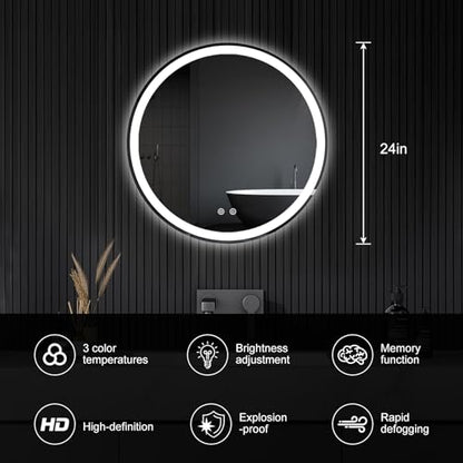 Sweetcrispy 24 Inch Round LED Bathroom Mirror with Lights, Circle Vanity Mirror with Anti-Fog, Dimmable, 3-Color Light, Memory Function, Tempered Glass