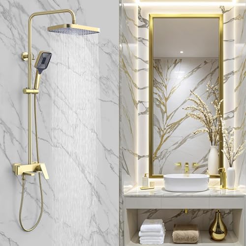 Shower Systems with 12 x8 Inches Rain Shower Head,Brushed Gold Exposed Pipe Shower System,3 Functions Tub Shower Faucet Sets,Overhead Shower System with Handheld - color: A- Brushed Gold with Square Shower Head