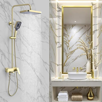 Shower Systems with 12 x8 Inches Rain Shower Head,Brushed Gold Exposed Pipe Shower System,3 Functions Tub Shower Faucet Sets,Overhead Shower System with Handheld - color: A- Brushed Gold with Square Shower Head