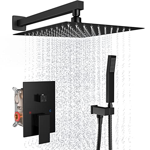 Black Rain Shower System Faucet Set with Handheld, 10 inch | Solid Metal Wall Mount Rainfall Shower Set with Safe Anti-Scald Valve, Air Injection High Pressure Water Saving Combo - color: Matte Black, style: 10in without Tub spout