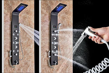 Stainless Steel Shower Panel Tower System LED Rainfall Waterfall Shower Head 6-Function Faucet Rain Massage System with Body Jets