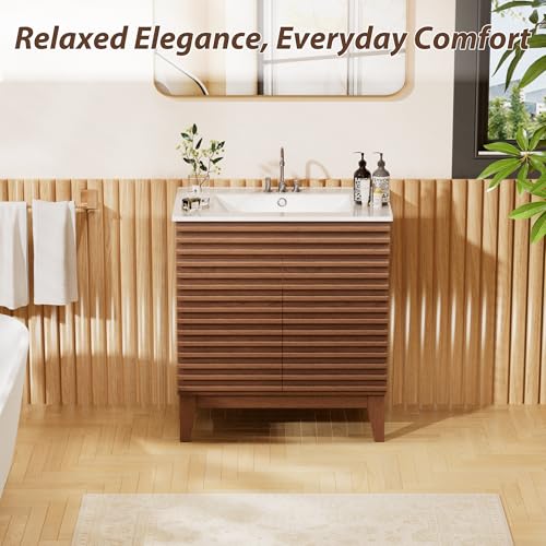 APRILSOUL 30" Bathroom Vanity with Ceramic Sink, Mid-Century Bathroom Vanity Cabinet with 2 Soft Closing Doors, Freestanding Bathroom Cabinet, Particleboard Frame with Wood Grain Laminate, Walnut - color: Walnut/ White Sink, size: 30 Inch
