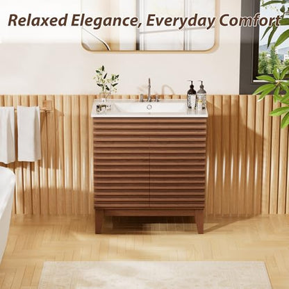 APRILSOUL 30" Bathroom Vanity with Ceramic Sink, Mid-Century Bathroom Vanity Cabinet with 2 Soft Closing Doors, Freestanding Bathroom Cabinet, Particleboard Frame with Wood Grain Laminate, Walnut - color: Walnut/ White Sink, size: 30 Inch