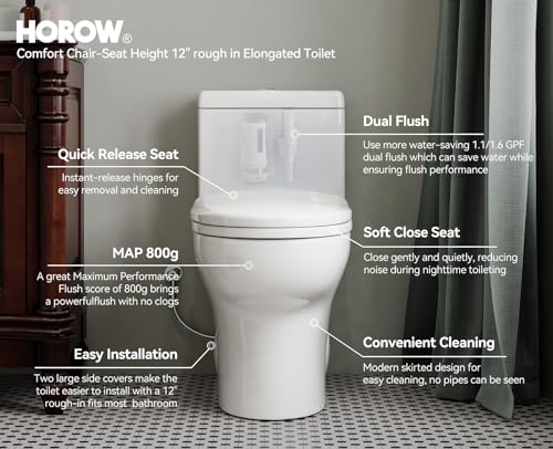 HOROW HR-ST076WD Dual Flush Elongated Toilet with Soft Close Seat, High-Efficiency Supply, Standard Bathroom Toilet 12" Rough-In, White Finish - color: Standard White with Dual Flush, size: 12" rough in
