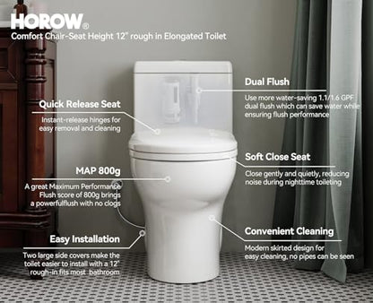 HOROW HR-ST076WD Dual Flush Elongated Toilet with Soft Close Seat, High-Efficiency Supply, Standard Bathroom Toilet 12" Rough-In, White Finish - color: Standard White with Dual Flush, size: 12" rough in