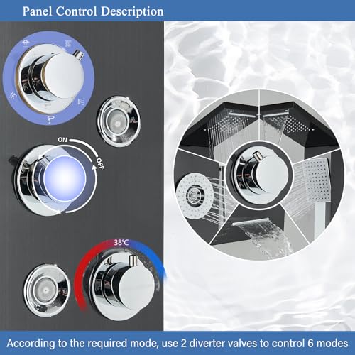 AlenArt Shower Panel Tower System Rainfall Waterfall Shower Head with Body Jets Stainless Steel Rain Massage System 5-Function High Pressure Shower Panel Tower System,HFT8029 - color: Black