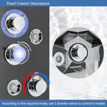 AlenArt Shower Panel Tower System Rainfall Waterfall Shower Head with Body Jets Stainless Steel Rain Massage System 5-Function High Pressure Shower Panel Tower System,HFT8029 - color: Black