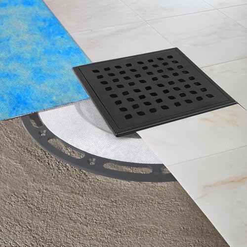 6-Inch Square Shower Drain Kit with Bonding Flange, Matte Black | Removable 304 stainless steel grate with hair strainer; fits 2- and 3-inch pipes for tiled shower floors and wet areas - size: 6in-Black