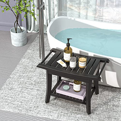 Bamboo Shower Stool Bench Waterproof with Storage Shelf for Shaving Legs or Spa Bath Seat in Bathroom & Inside Shower for Adults Seniors Elderly (24 x 13.4 x 18.5 inches+Black) - size: 24 x 13.4 x 18.5 inches+Black