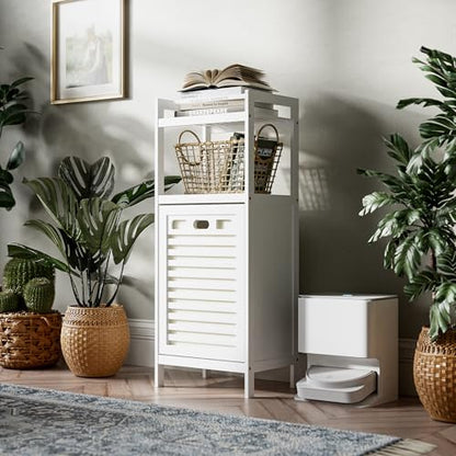 HITNET Bamboo Tilt Out Hamper, 10 Gal Bathroom Laundry Cabinet with Hidden Foldable Basket, Freestanding Clothes Storage Organizer with Storage Shelf, White - color: White