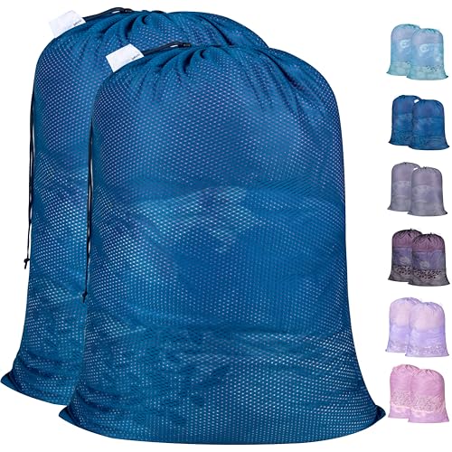 Polecasa 2 Pack Heavy Duty Diamond Mesh Laundry Bag, 24x36", Blue | Drawstring & ID Tag, Breathable Mesh, Machine Washable, Commercial Grade, , For College Dorms, Travel, Sports Equipment - color: Blue, size: 24"x36" | 2 Pack