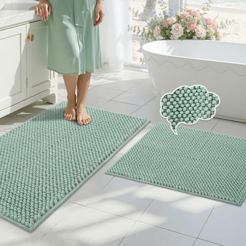 BSICPRO Bathroom Rugs Set 2 Piece, Thick Soft Multi-Color Chenille Absorbent Bath Mats, Non Slip Washable Bath Rugs, Shower Mat for Bathroom Decor (Aqua and Grey, 20" x 32" Plus 16" x 24") - color: Aqua and Grey, size: 20" x 32" Plus 16" x 24"