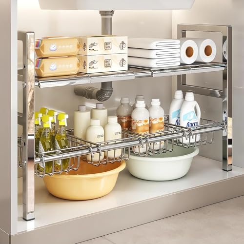 Large Under Sink Organizer 2 Tier Expandable Heavy Stainless Steel Shelf Adjustable Height for Under Kitchen Bathroom Sink Organizers and Storage (Large Size: 4 Panels 4 Storage Baskets) - size: Large size: 4 panels 4 storage baskets