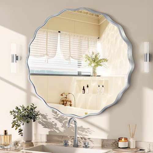 Gold Round Mirror for Wall, 32"x32" Decorative Wavy Bathroom Mirror with Brushed Alloy Steel Frame & Shatter-Proof Glass, Hanging Circle Wall Mirrors for Bathroom, Entryway (Silver, Large) - color: Silver, size: Large