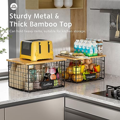 2 Pack Stackable Wire Baskets with Bamboo Top,Pantry Organizers Counter | Potato and Onion Storage Bin with Labels & 2 Pads, Kitchen Organization for Fruit, Vegetable, Produce, Bread, Cabinet - size: XXL-15.2x11.02x9.84