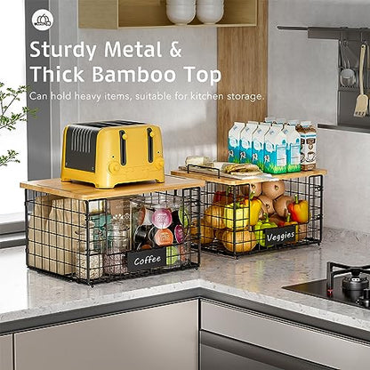 2 Pack Stackable Wire Baskets with Bamboo Top,Pantry Organizers Counter | Potato and Onion Storage Bin with Labels & 2 Pads, Kitchen Organization for Fruit, Vegetable, Produce, Bread, Cabinet - size: XXL-15.2x11.02x9.84